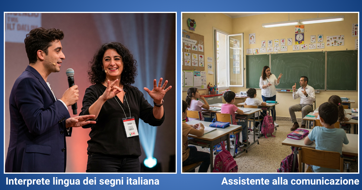 A sinistra un interprete LIS sul palco assieme ad un relatore. A sinistra un assistenza alla comunicazione in una classe scolastica.